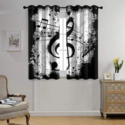 Vista 4 de Cortinas opacas de oscurecimiento de habitación con ojales, diseño rústico de símbolos musicales blancos y negros, tratamiento de ventana