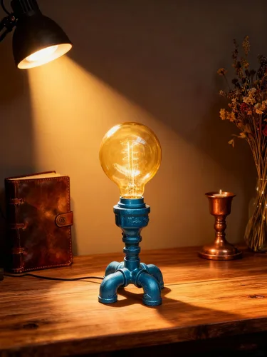 Vista 2 de Lámpara de mesa robot de tubería industrial, luz de escritorio Steampunk, metal dorado, estilo vintage (E)