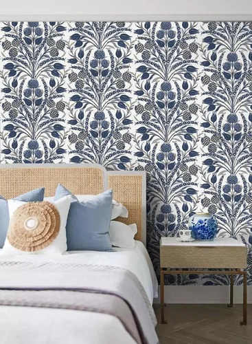 Vista 3 de CiCiwind Papel tapiz de despegar y pegar, color azul y blanco, papel de pared floral, bohemio, autoadhesivo, apto para inquilinos, papel de contacto