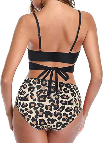 Vista 4 de Conjunto de bikini para mujer, traje de baño de dos piezas con parte superior triangular entrecruzada, tirantes delgados, cintura alta, estampado
