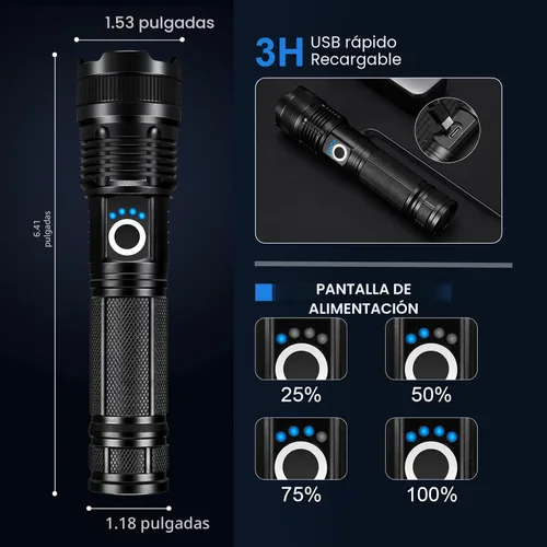Vista 3 de Paquete de 3 linternas recargables de altos lúmenes, linterna LED súper brillante de 990000LM, luz de flash potente ajustable con 5 modos y cable