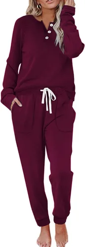 Vista 11 de Wiholl - Conjuntos de dos piezas para mujer: ropa cómoda con sudadera abotonada y pantalones deportivos con bolsillos