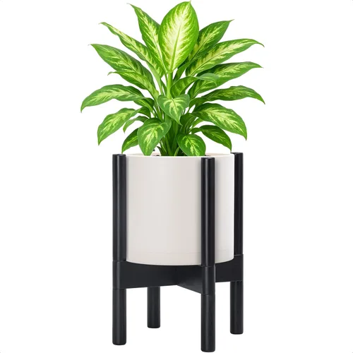 Vista 18 de Maceta de D'vine Dev con soporte - Maceta de flores de cilindro de plástico de 8.0 pulgadas con soporte de madera para interiores, maceta mate negra