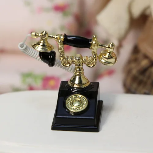 Vista 7 de Teléfono de casa de muñecas 1:12 en miniatura, modelo de teléfono giratorio, decoración de escritorio, accesorios retro para casa artificial sala