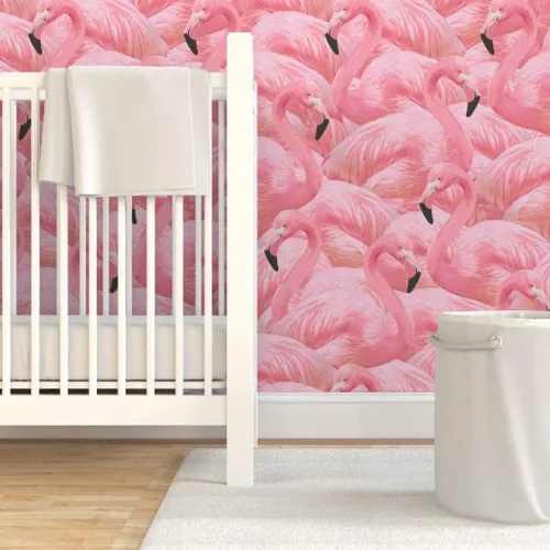 Vista 6 de Papel tapiz para despegar y pegar, flamenco, rosa, pájaros, flamencos, isla de flamencos, verano, retro, extraíble, por Spoonflower
