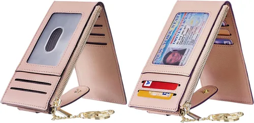 Vista 2 de Chelmon Billetera delgada con bloqueo RFID para mujer, con bolsillo con cremallera, Rosa Champán, Minimalista