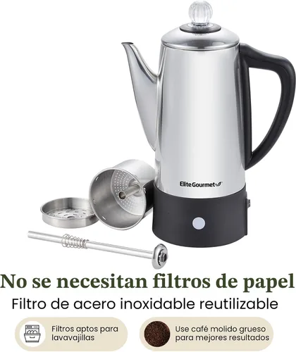 Vista 4 de Elite Gourmet - Percolador de café eléctrico de 6 tazas, acero inoxidable, 1000 W