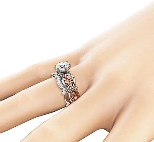 Vista 3 de Juego de anillos de compromiso de corazón marrón, piedras de luna, anillos de compromiso blancos para mujeres y rosas, anillos de plata de boda