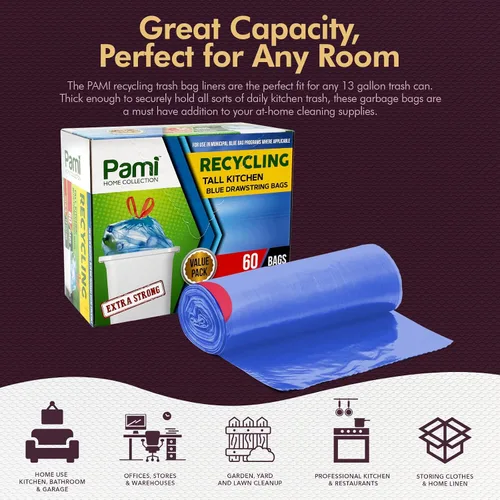 Vista 3 de PAMI Bolsas de basura altas con cordón de reciclaje para cocina, bolsas de basura de plástico extra fuertes, forros gruesos para cubos de basura