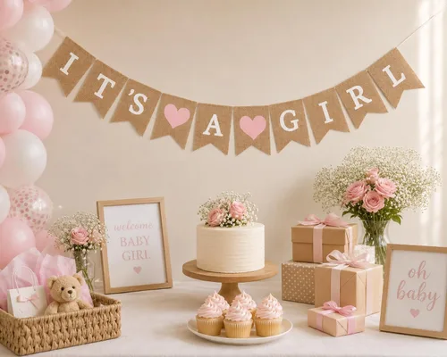 Vista 4 de Cartel de arpillera con texto en inglés "It's a Girl" para decoración de baby shower y fiesta de revelación de género (corazones rosa claro)
