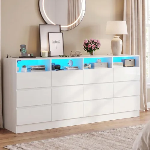 Vista 17 de Gyfimoie - Cómoda blanca de 6 cajones para dormitorio con toma de corriente Blanco