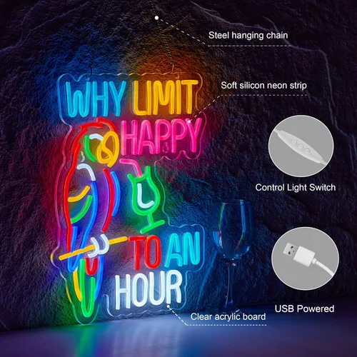 Vista 5 de Letrero de barra con texto en inglés «Why Limit Happy To An Hour Beer Tiki Cian+amarillo