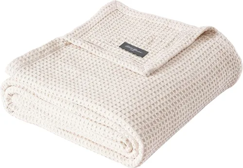 Vista 2 de Eddie Bauer - Manta de tamaño individual, ropa de cama 100% de algodón suave con textura de tejido gofrado, 400 GSM, manta para sofá o cama (blanco)