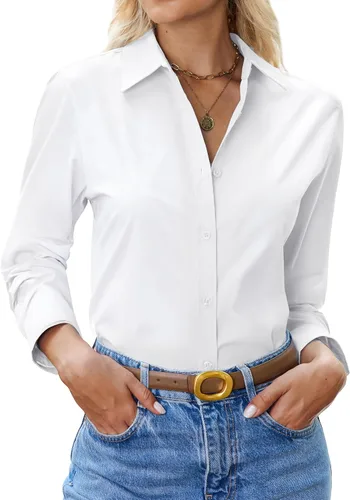 Vista 20 de siliteelon Camisa con botones para mujer: camisa de vestir con cuello de manga larga de algodón con botones, blusa de trabajo y oficina