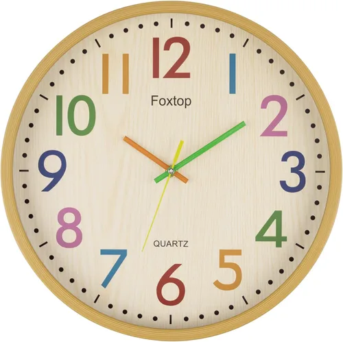 Vista 11 de Foxtop Silent Kids - Reloj de pared de aprendizaje de 12 pulgadas, sin tictac, funciona con pilas, colorido reloj para niños