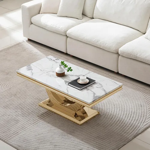 Vista 3 de Henf Mesa de centro moderna de mármol con pedestal de acero inoxidable, mesas de café doradas de lujo de 47 pulgadas para sala de estar, mesa