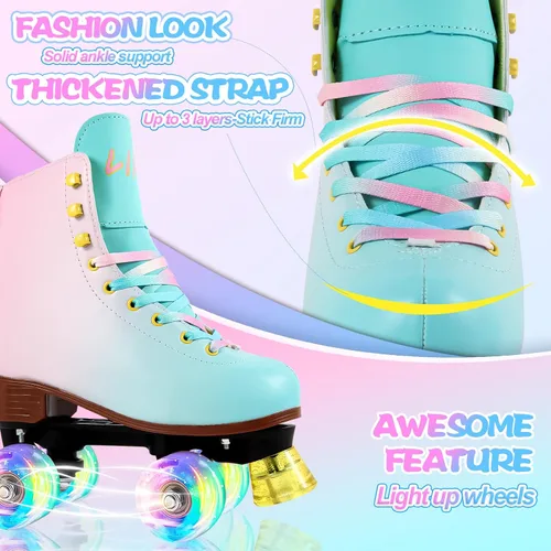 Vista 5 de LIKU Patines de cuatro ruedas para niñas y mujeres con todas las ruedas iluminadas, patines de cordones iluminados para interiores y exteriores