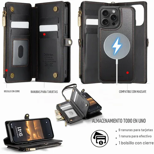 Vista 2 de Defencase Funda Cartera Magnética para iPhone 14 Pro Compatible con Magsafe con Bloqueo RFID Portador de Tarjetas con Correa de Cremallera