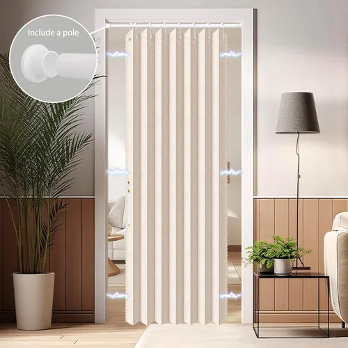 Vista 3 de AJAZZ Conjunto: Barras para cortinas sin perforación (28-39" de ancho) y cortina acordeón para puerta, beige 43" de ancho × 78" de largo, puertas