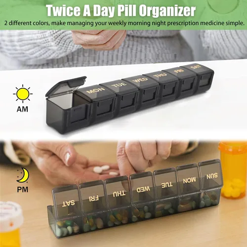 Vista 6 de Paquete de 2 organizadores semanales de píldoras, estuche grande de 7 días, caja de medicina diaria de vitaminas, recipientes de píldoras AM/PM