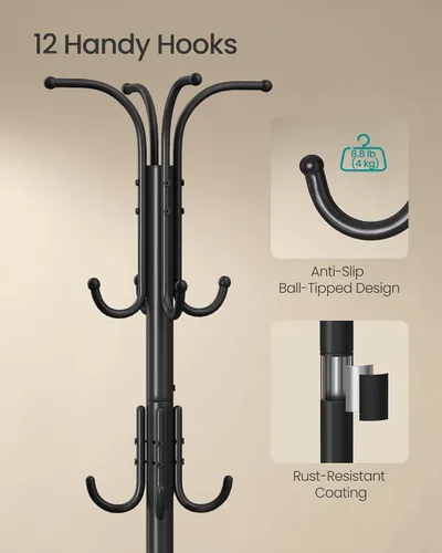 Vista 5 de SONGMICS Perchero Independiente, Perchero con Soporte para Paraguas con 12 Ganchos, para Entrada, Pasillo, Sala de Estar, Dormitorio, Negro Tinta