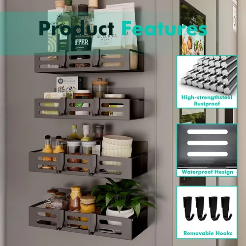 Vista 4 de SETBAOO Paquete de 4 estantes magnéticos para especias para refrigerador, estante magnético negro y nevera, organizador de gabinetes de cocina