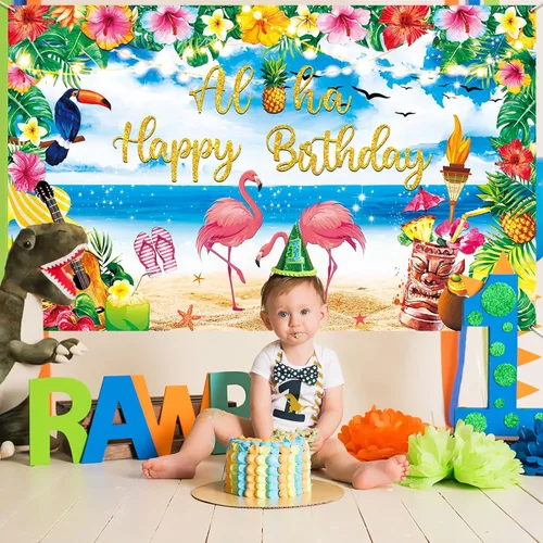 Vista 5 de Decoraciones de fiesta de cumpleaños Luau de alta calidad, pancarta Aloha con texto en inglés "Happy Birthday", grande de 72 x 44 pulgadas, diseño