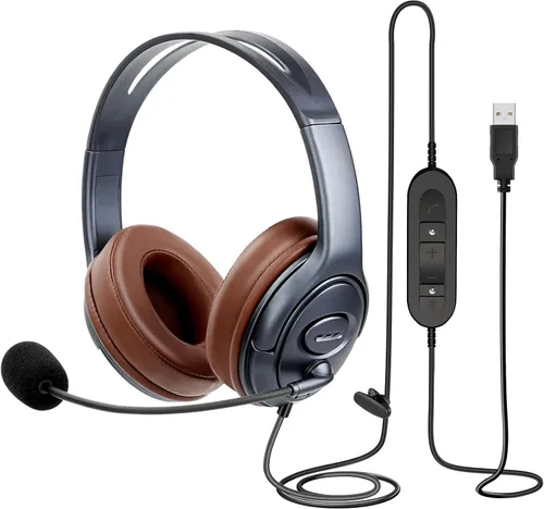 Vista 10 de Auriculares USB con micrófono para oficina centro de llamadas telefónico, auriculares USB-A ligeros de 1 oreja con micrófono con cancelación