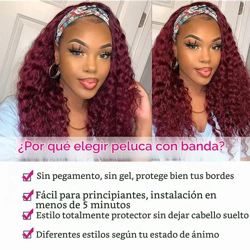 Vista 6 de Punmasa Peluca de cabello humano con diadema de onda profunda 99J de cabello humano para mujer, sin pegamento, sin encaje frontal, hecha a máquina