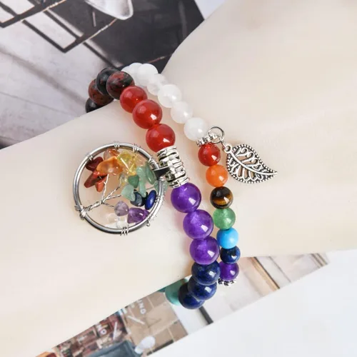 Vista 3 de YGLINE Pulseras de piedra curativa de yoga del árbol de la vida, juego de pulseras de reiki de piedra de chakra de loto multicapa, piedra natural