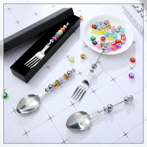 Vista 6 de Lasnten Juego de 6 cucharas con cuentas con 50 cuentas surtidas de agujeros grandes, cucharas decorativas de acero inoxidable, artículos