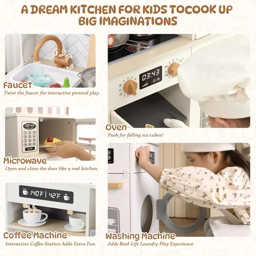 Vista 4 de Freniland Cocina de juego de madera, juego de cocina para niños con luz y sonido reales, máquina de hielo realista, estufa y horno, juguete
