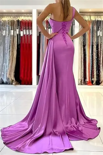 Vista 3 de One Shoulder Mermaid Bridesmaid Dresses Long Prom Dresses Satin Formal Evening Gowns with Train