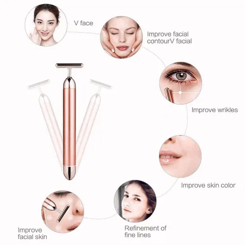 Vista 5 de GOODYBUY - Masajeador facial de pulso dorado de 24 quilates, con forma de T, herramientas de masaje facial para piel sensible, estiramiento firme