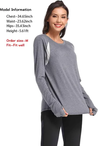 Vista 3 de Muzniuer Camisetas de entrenamiento de manga larga para mujer, camisetas lisas de manga larga para yoga, gimnasio, deportes, camiseta con agujero