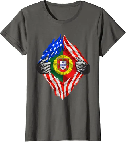Vista 8 de Camiseta de bandera de Estados Unidos con diseño de raíces portuguesas, Negro, S