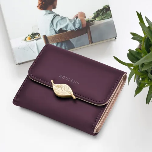 Vista 7 de Cartera pequeña para mujer con bloqueo RFID, de piel sintética, colgante de hoja, organizador de tarjetas, monedero con cremallera, APúrpura-S