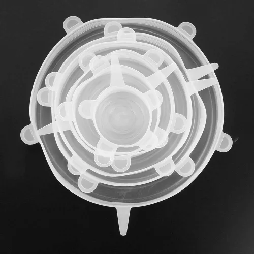 Vista 2 de Tapas elásticas de silicona, 6 unidades, transparentes, reutilizables, duraderas y expandibles, de silicona, para tazón, para tazón, película