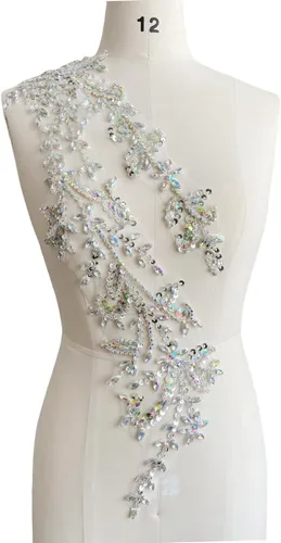 Vista 19 de Parches de lentejuelas brillantes de acrílico hechos a mano en encaje, con cuentas y piedras, para coser, accesorios para vestido de novia (negro)