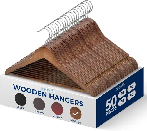 Vista 14 de SereneLife Perchas de madera maciza, paquete mega, 60 perchas para ropa, juego de perchas resistentes con gancho giratorio cromado de 360 grados