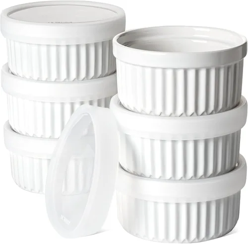 Vista 9 de LE TAUCI Ramequines con tapas de silicona, platos de cerámica para soufflé de 8 OZ, cuencos de ramekin para Crème Brûlée, postre, salsas, aptos