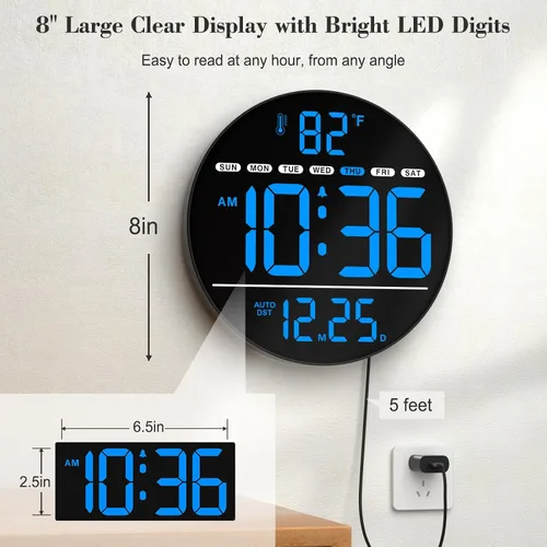 Vista 2 de Reloj de pared digital eléctrico grande con pantalla LED PLUG IN clock with Temperature, Auto DST, Date and Day, 5-Level Brightness for Office