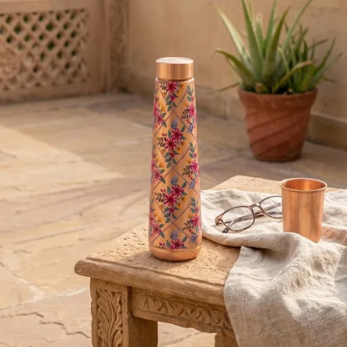 Vista 8 de Pure Copper Water Bottle - 32 Oz - Handcrafted Ayurvedic Vessel Royal Fuchsia