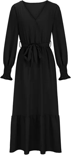 Vista 5 de Vestidos bohemios para mujer, vestido fiesta cóctel fluido gradas, puños ahumados, cuello en V, cintura con lazo