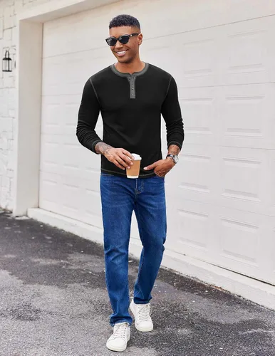 Vista 4 de COOFANDY - Camisetas Henley para hombre, manga larga, con botones, estilo casual, de pullover, suaves, elásticas, tops de camiseta