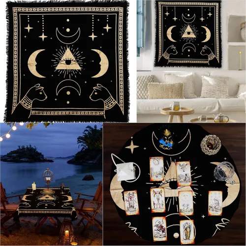 Vista 2 de Indian Consigners Tela de altar Prisma Luna Ojo Gato Celestical Tarot Deck Alter Square Wall Hanging Mantel Mantel Tapiz Lugar Sagrado Ojo de prisma