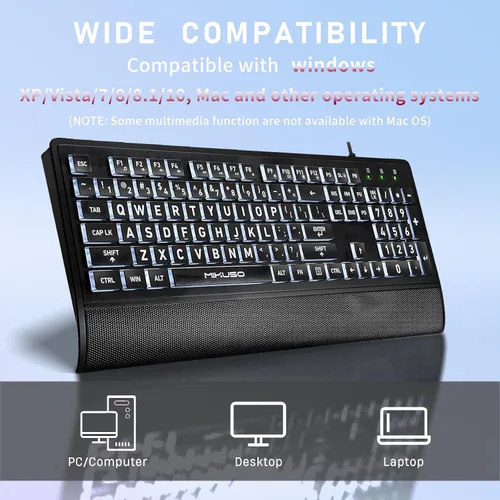 Vista 6 de Teclado retroiluminado de impresión grande, USB con cable