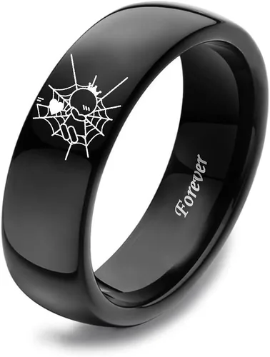 Vista 2 de XAHH Anillo de acero inoxidable para parejas, diseño de Spiderman, con texto en inglés "Captured by Your Love Forever Togethers