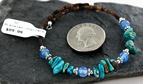 Vista 4 de $90Tag Certificado Navajo Turquesa Azul Cuarzo Nativo Americano Pulsera WRAP 12750 Hecho por Loma Siiva, Metal Piedra, Turquesa estabilizada