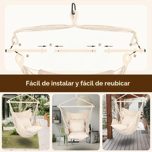 Vista 5 de Highwild Silla hamaca colgante con cuerda – Máximo 500 libras – 2 cojines incluidos – Barra separadora de acero con anillos antideslizantes